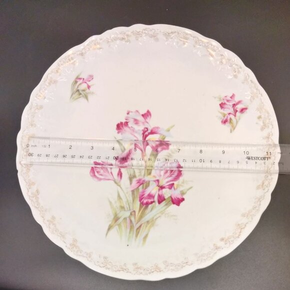 Antique Weimar Floral Porcelain Plate Germany Pink Irises Gold Scalloped 12 Inc - Picture 6 of 9